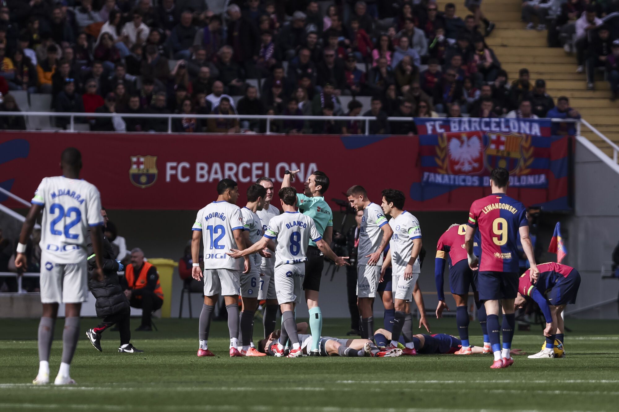 Pablo Martin Gavira Gavi of FC Barcelona and Carlos Martin of Deportivo Alaves lies injured on the pitch during the Spanish league, La Liga EA Sports, football match played between FC Barcelona and Deportivo Alaves at Estadio Olimpico de Montjuic on February 02, 2025 in Barcelona, Spain. AFP7 02/02/2025 ONLY FOR USE IN SPAIN. Javier Borrego / AFP7 / Europa Press;2025;SPORT;ZSPORT;SOCCER;ZSOCCER;FC Barcelona v Deportivo Alaves - La Liga EA Sports;