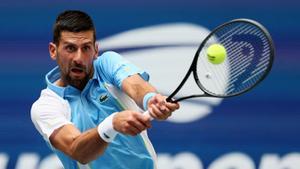 Djokovic conecta un revés durante su partido ante Fritz.