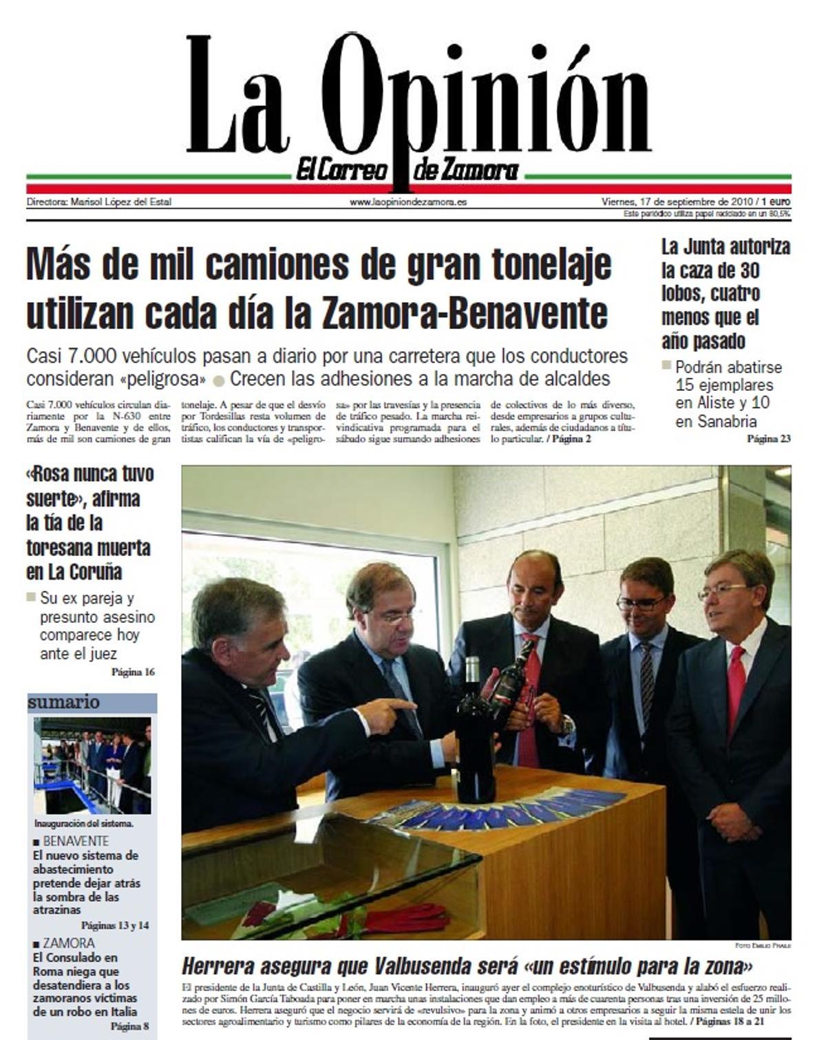 Portada de LA OPINIÓN DE ZAMORA con motivo de la inauguración de Valbusenda por Juan Vicente Herrera.