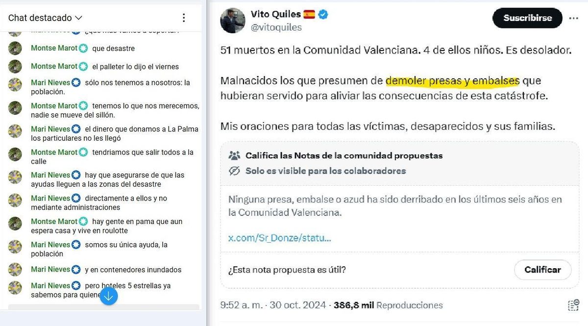 Mensajes derrotistas y xenófobos en el chat de un propagandista prorruso y un post con el bulo de los embalses derruidos por el Gobierno