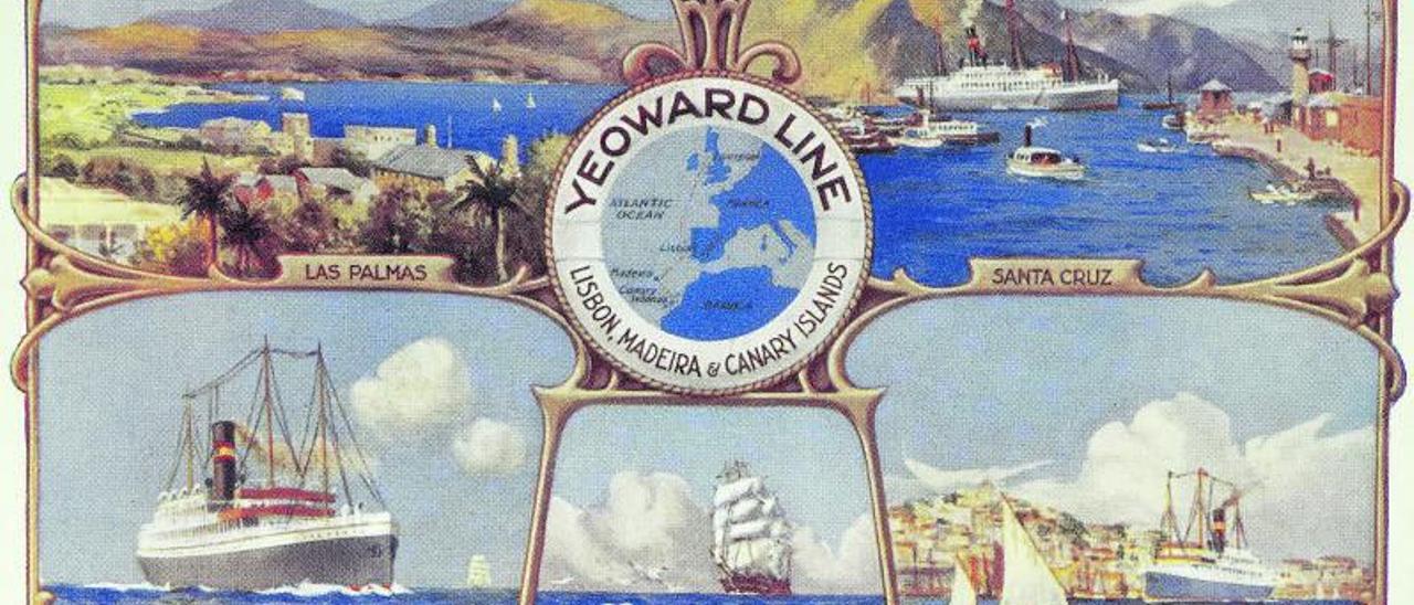 Cartel de principios del siglo XX de la Yeoward Line publicitando sus viajes turísticos desde Gran Bretaña a las dos capitales canarias y con escala en Lisboa, de ocho días de duración. | | FEDAC