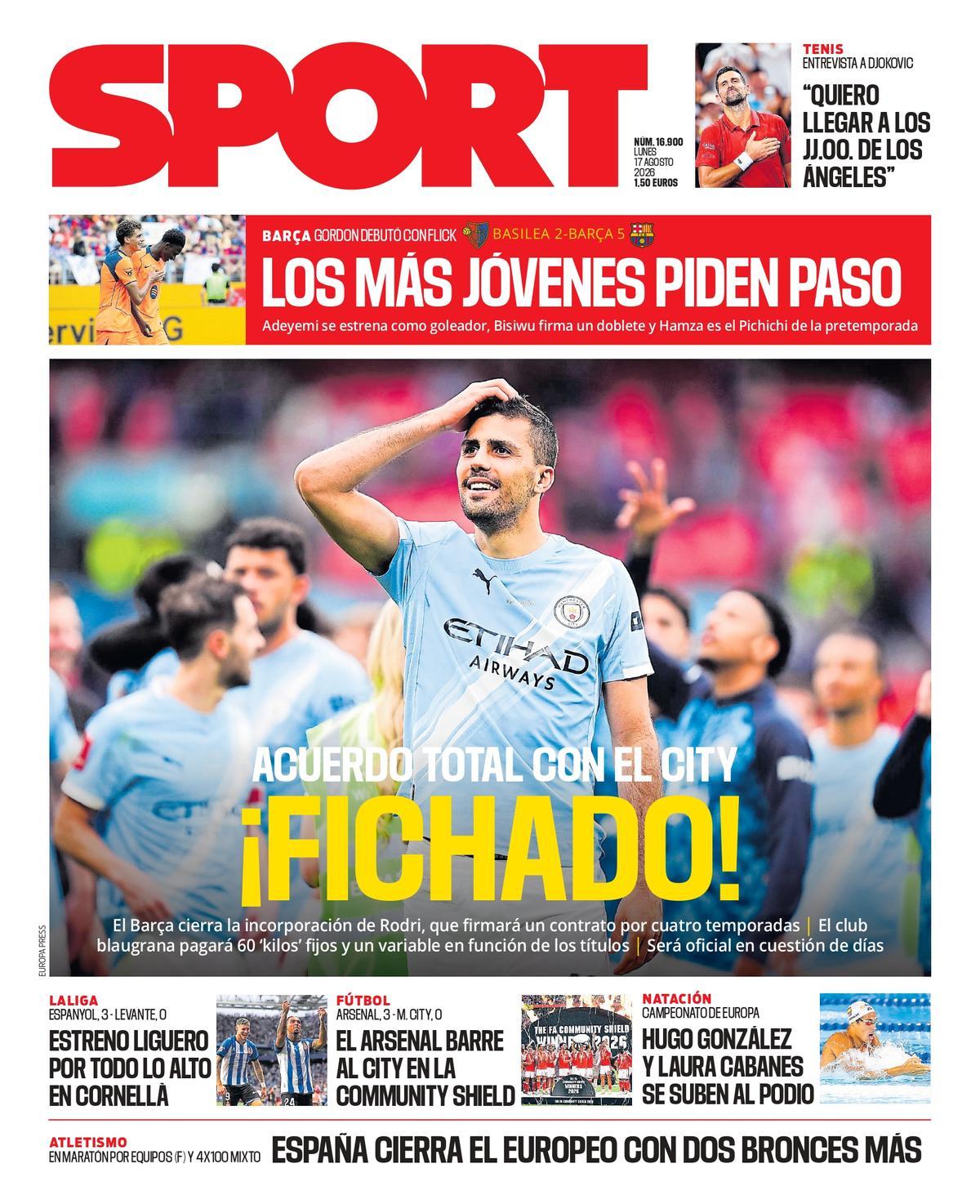 Esta es la portada de SPORT de hoy, lunes 17 de agosto
