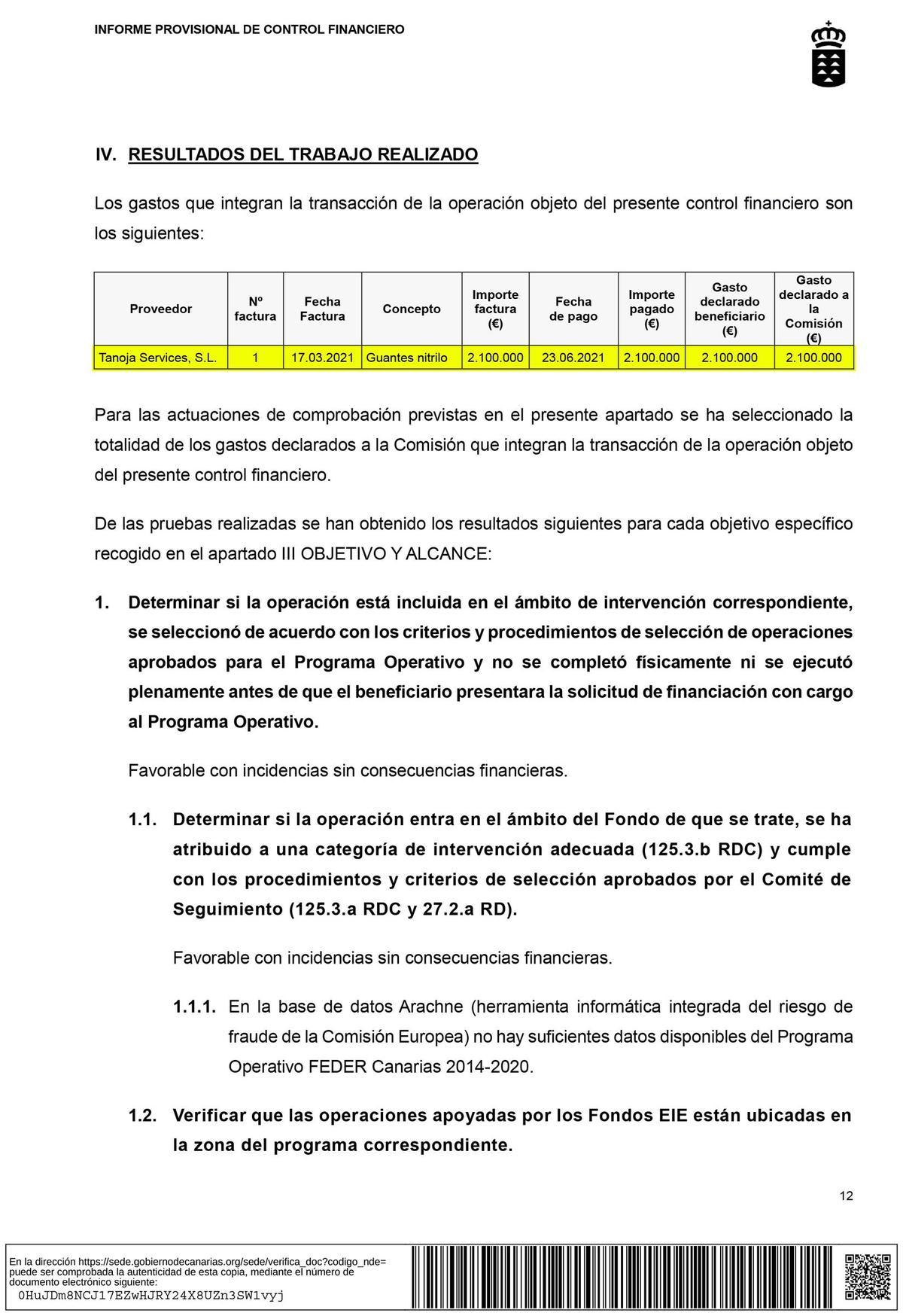 Informe de la Intervención General de Canarias que descubre las irregularidades en el contrato que cerró el SCS con la empresa Tanoja Service.
