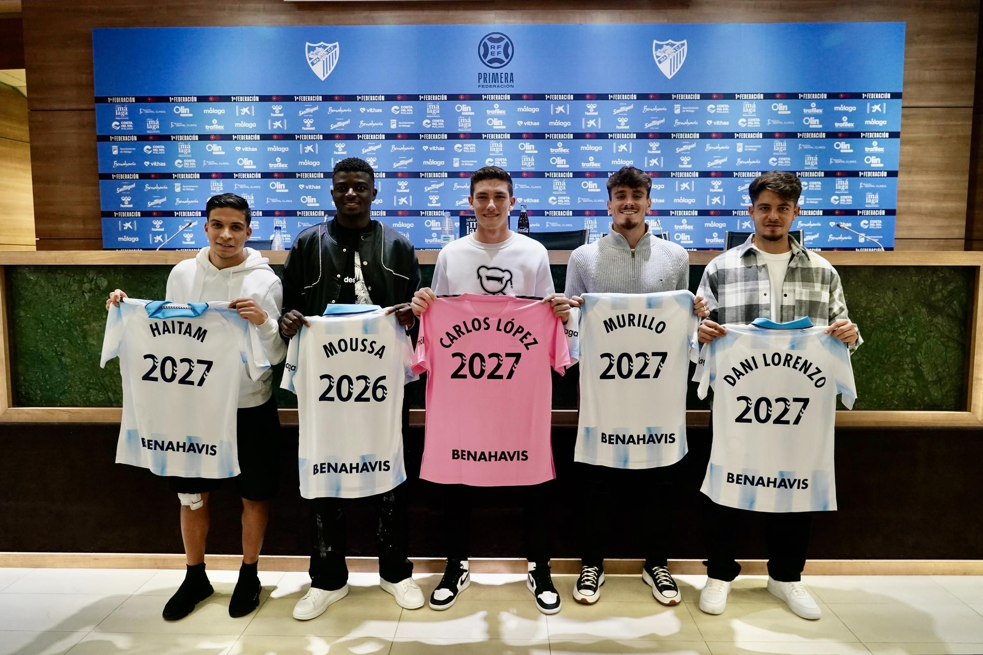 Presentación de Carlos López, Moussa, Murillo, Dani Lorenzo y Haitam, renovados con el Málaga CF