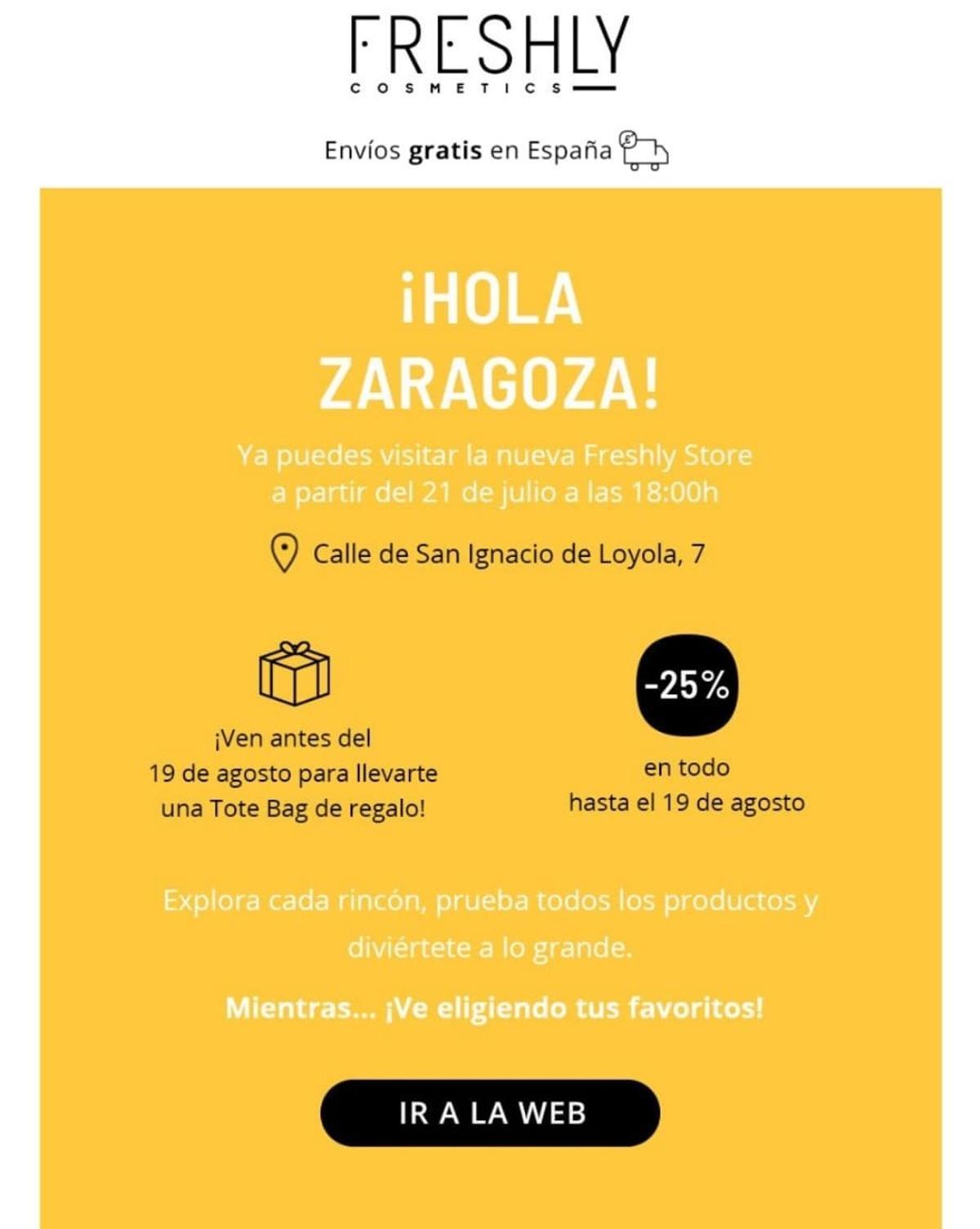 Cartel de presentación de la apertura de la nueva Freshly Store en Zaragoza