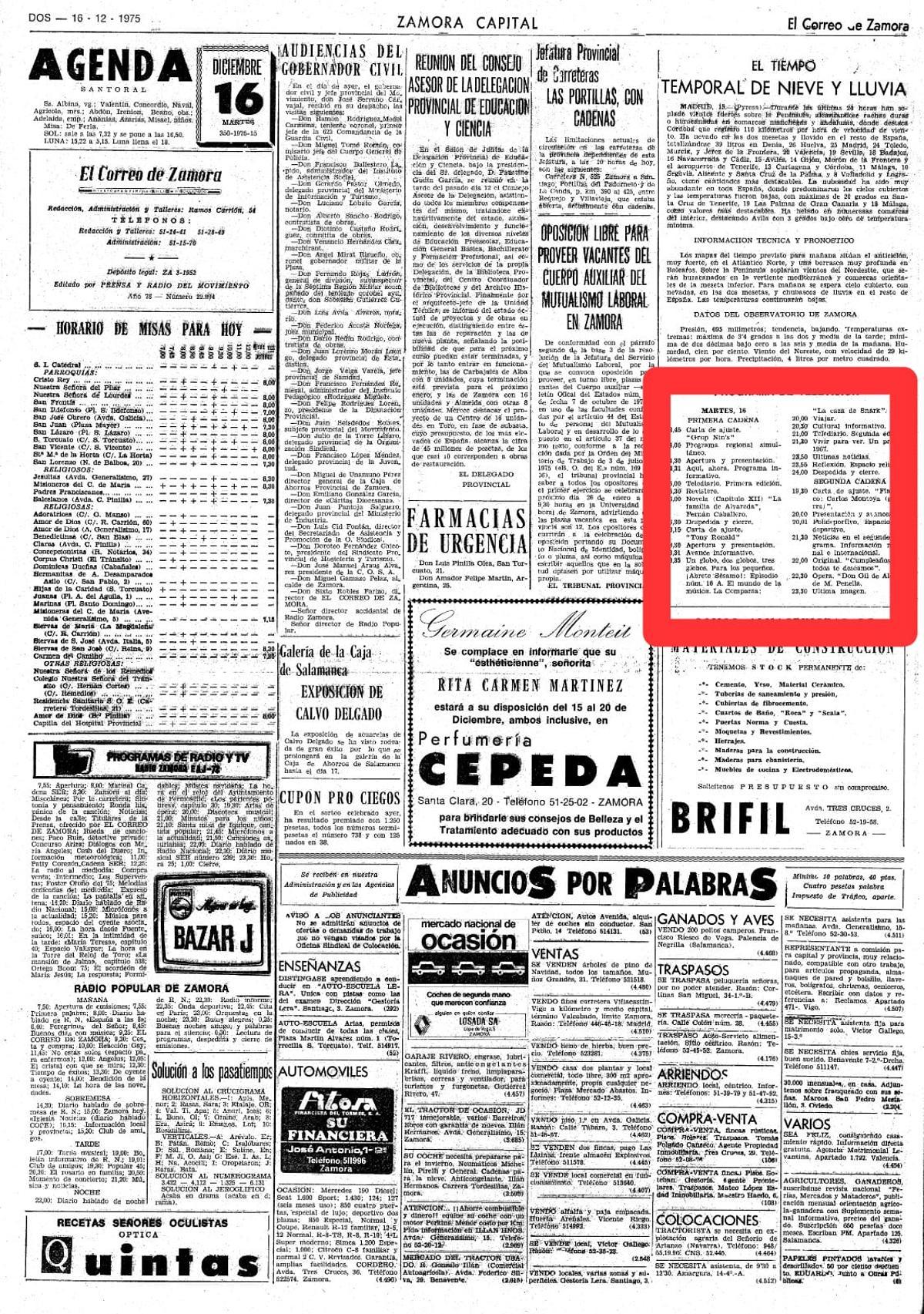 Página de EL CORREO DE ZAMORA de un 16 de diciembre de 1975 donde puede leerse la programación de televisión.