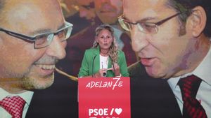 La portavoz del PSOE, Montse Mínguez, durante la rueda de prensa tras la ejecutiva del partido en Ferraz este lunes. 