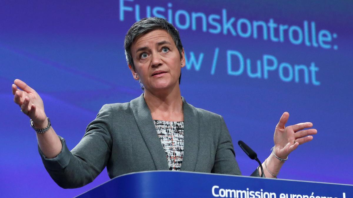 European Competition Commissioner Margrethe Vestager holds a news conference after Dow Chemical gained conditional EU antitrust approval on Monday for their $130 billion merger, in Brussels