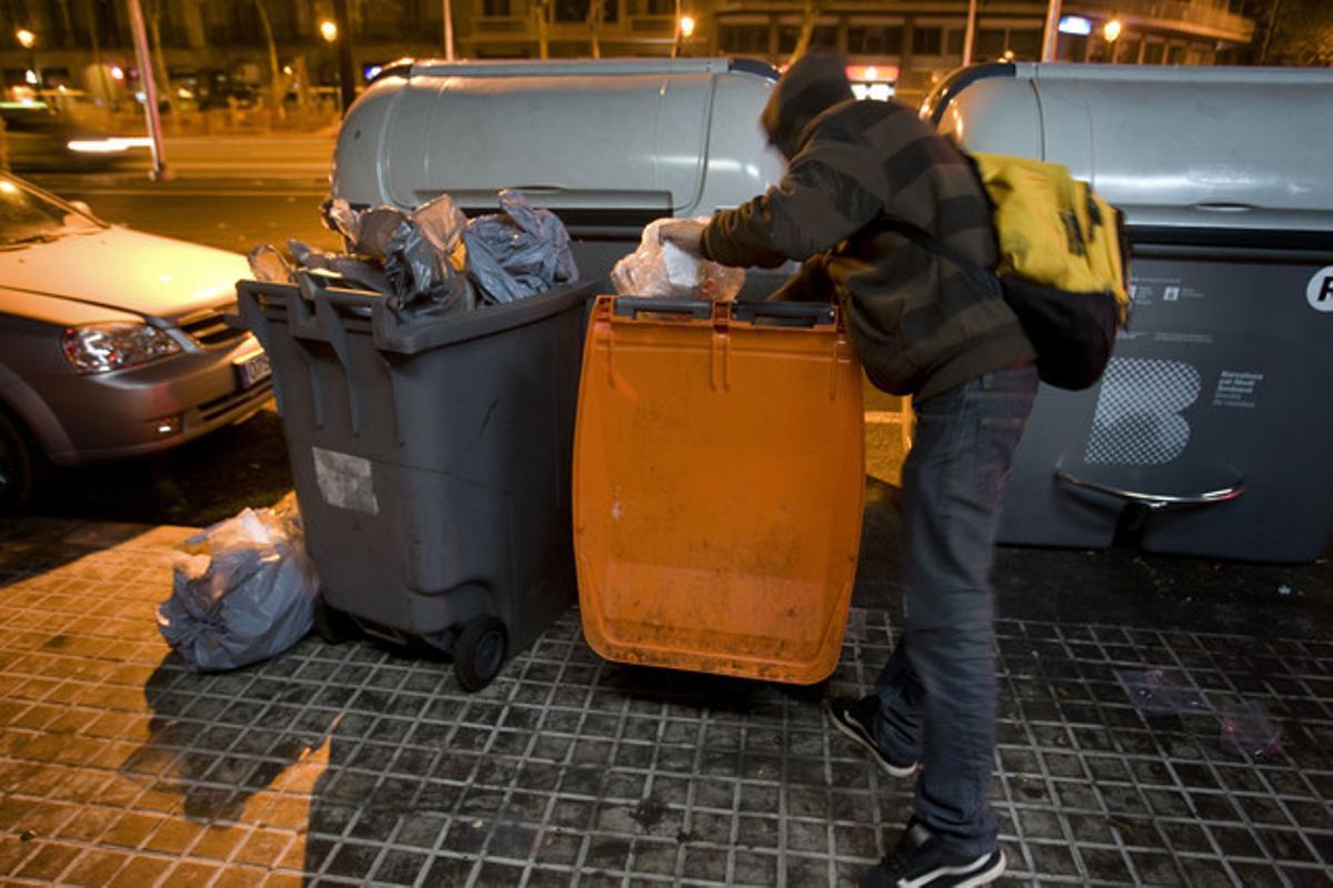 Un jove busca menjar en un contenidor d’escombraries orgàniques, a Barcelona.
