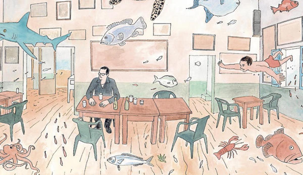 Una de las acuarelas, con la Fonda Pepe, como escenario que recrea el universo del autor.