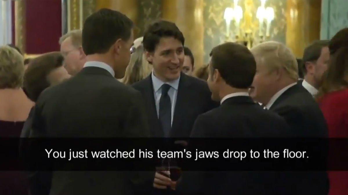 Captura del vídeo en el que Trudeau, Johnson, Macron, Rutte y la princesa Ana conversan en la recepción en Buckingham.