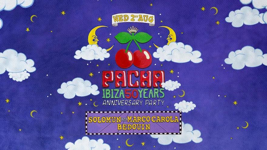 Cartel promocional de la fiesta del 50 aniversario de Pacha Ibiza