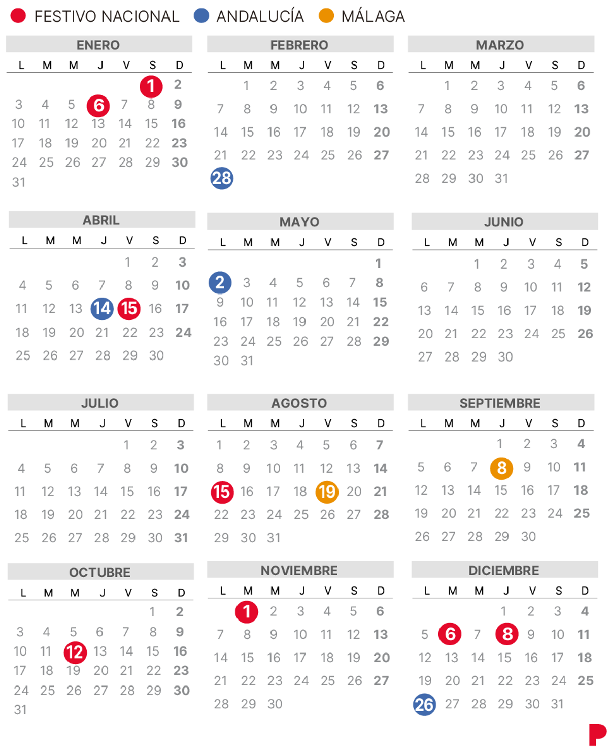 Calendari laboral de Màlaga del 2022 (amb tots els dies festius)