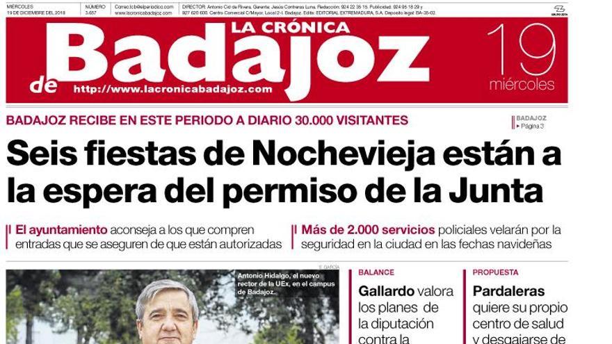 Esta es la portada de LA CRÓNICA DE BADAJOZ correspondiente al día 19 de diciembre del 2018