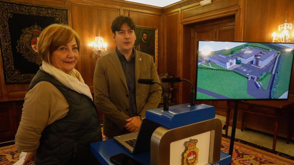 La alcaldesa de Avilés, Mariví Monteserín, y el consejero de Ciencia, Empresas, Formación y Empleo, Borja Sánchez, con la imagen de la futura Manzana del Talento, en 2023.