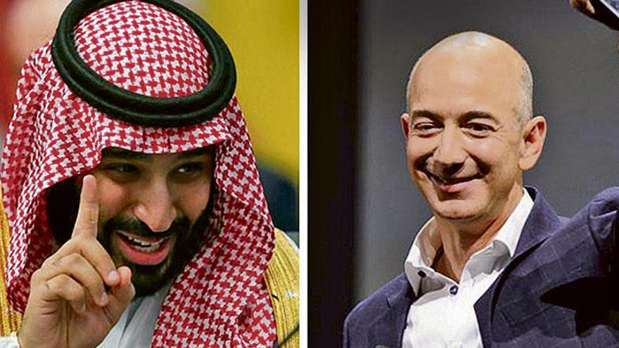 A la izquierda, el príncipe Mohammed bin Salman; a la derecha, el dueño de Amazon, Jeff Bezos. // Efe