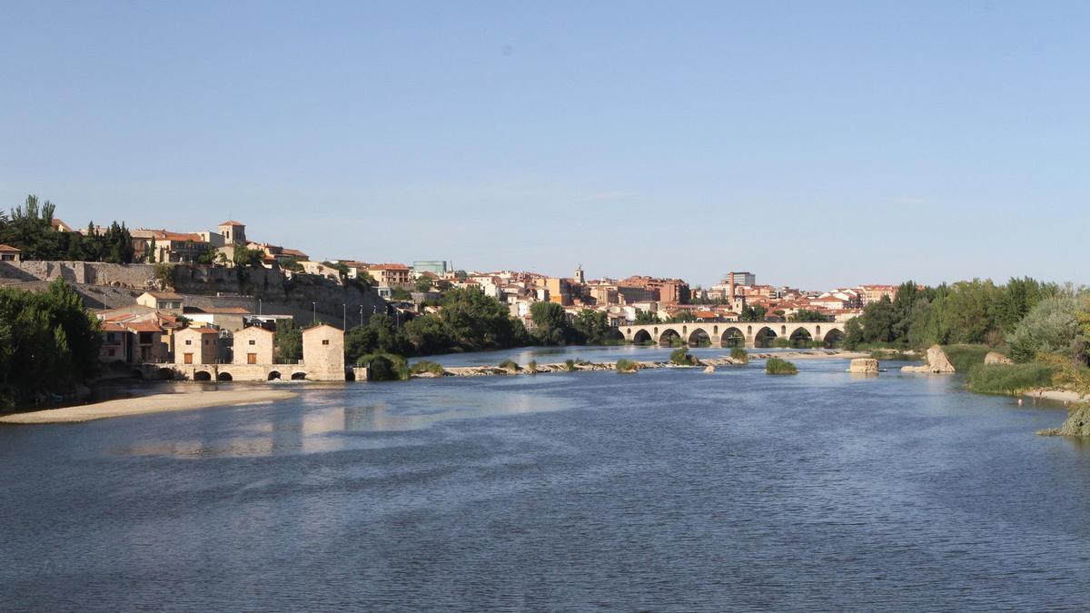 VISTA PANORAMICA DE ZAMORA CON LAS ACEÑAS DE OLIVARES Y EL PUENTE DE PIEDRA AL FONDO.