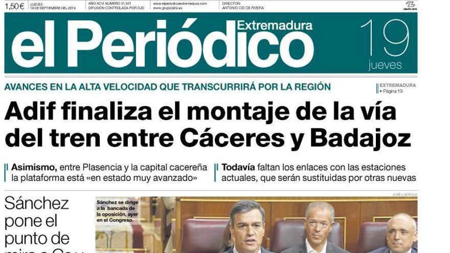 Esta es la portada de EL PERIÓDICO EXTREMADURA correspondiente al día 19 de septiembre del 2019