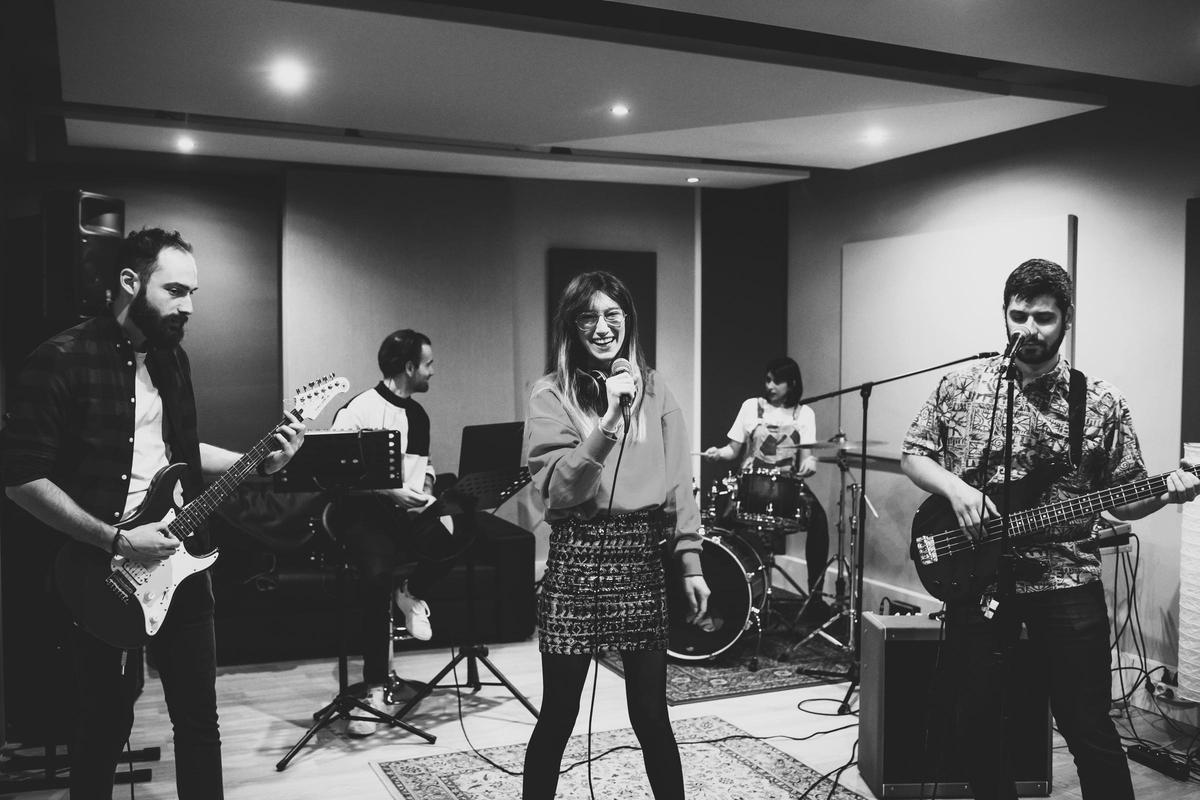 Musician rehearsing studio