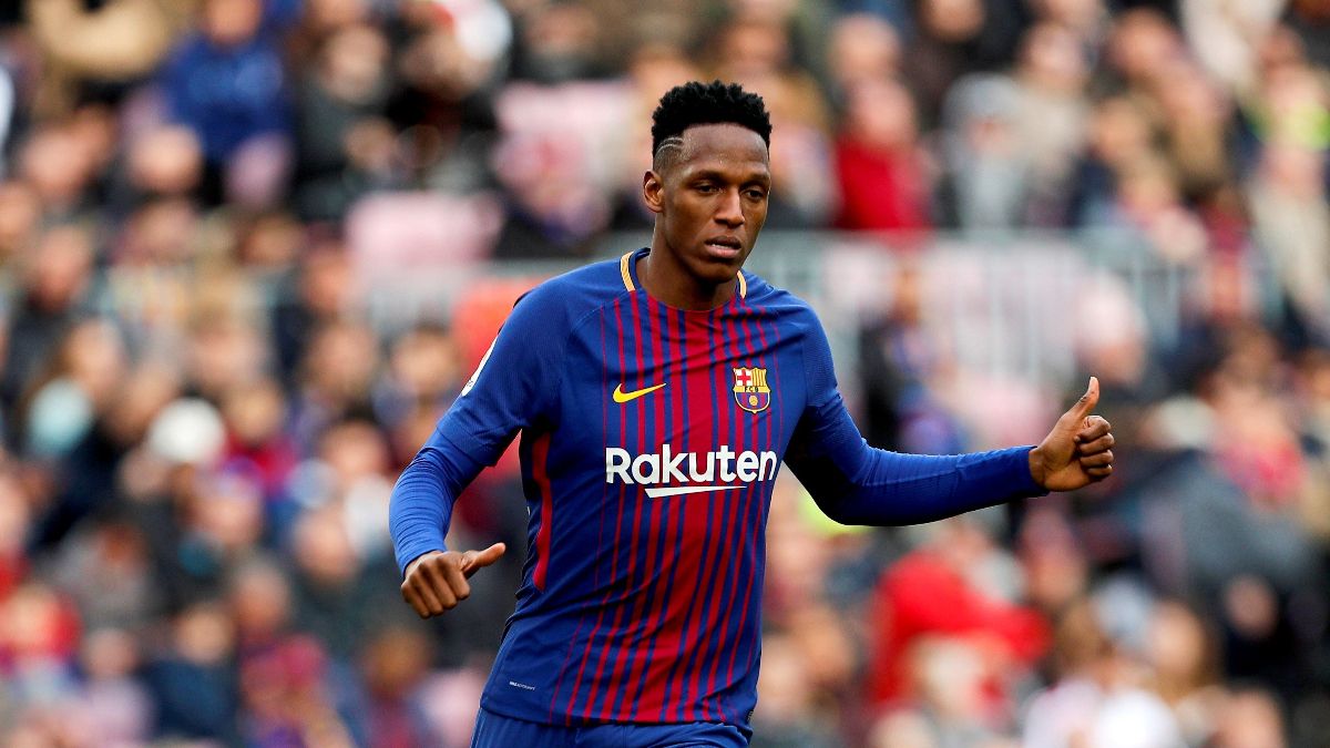 Yerry Mina, durante un partido con el Barça