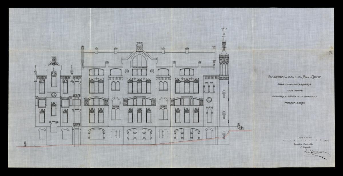 Fachada lateral del pabellón diseñado por Domènech i Montaner para los pacientes aquejados de sífilis.