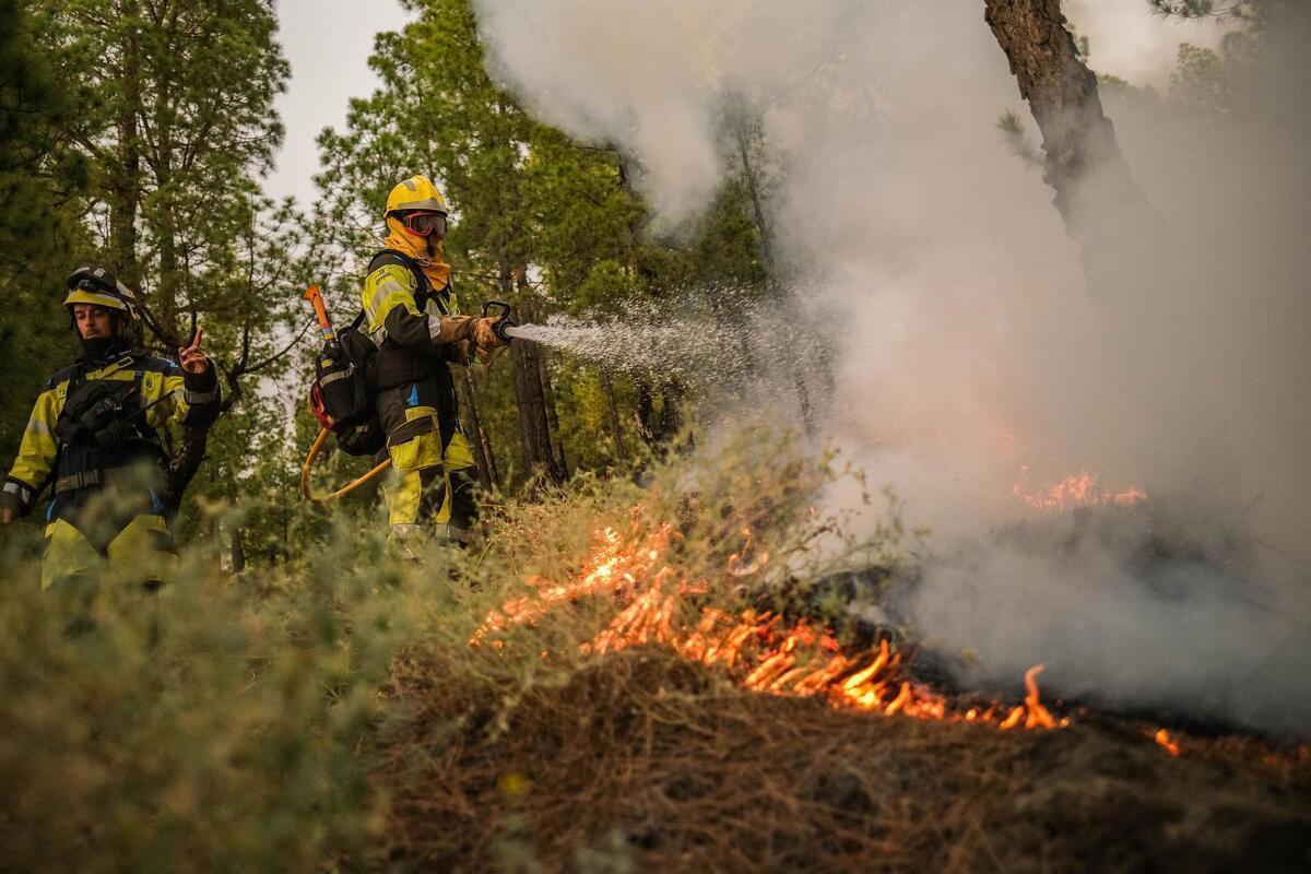 Varios bomberos intentan extinguir uno de los últimos incendios de canarias.