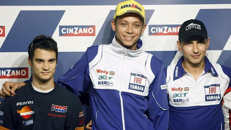 Los pilotos de MotoGP ,Dani Pedrosa, Valentino Rossi y Jorge Lorenzo.