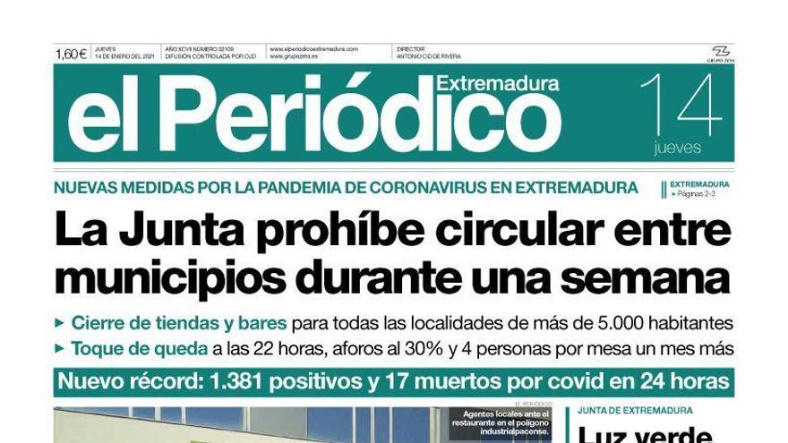 Esta es la portada de EL PERIÓDICO EXTREMADURA correspondiente al día 14 de enero del 2021