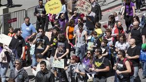 Manifestantes en la marcha del Primero de Mayo en Barcelona. 