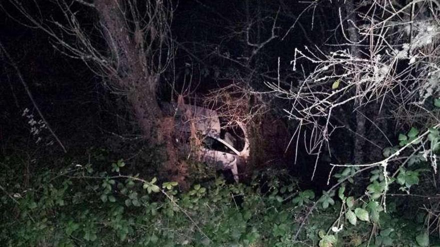 El coche de los jovenes, sostenido por un árbol en el talud. // GES Muiños