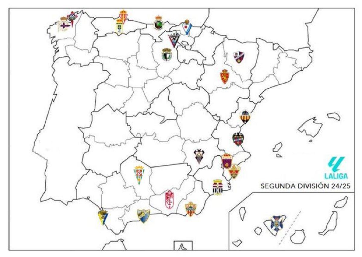 Mapa con todos los equipos que competirán en Segunda División en la temporada 2024/25.