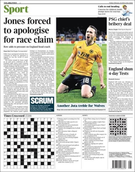 Portada THE TIMES SPORT viernes 21 febrero 2020