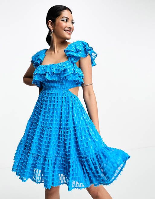 Vestido corto azul con volantes y aberturas de Asos