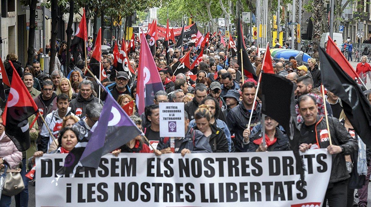 Manifestación del Primero de Mayo en el centro de Barcelona, en el 2018.