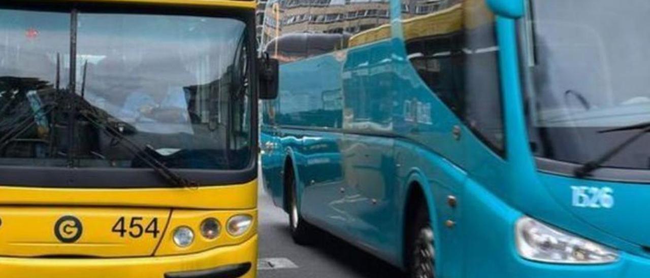 Vehículos de Guaguas Municipales y Global en el Parque San Telmo, en Las Palmas de Gran Canaria.