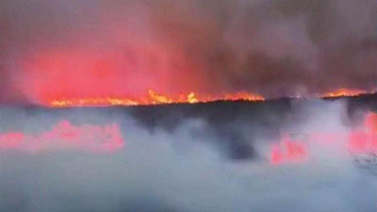 Las llamas del incendio de Porto, en la pista de la Barrosa, entre San Ciprián y La Baña.