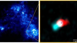 A la izquierda: imagen de infrarrojo lejano de campo amplio de la Pequeña Nube de Magallanes, obtenida con el Observatorio Espacial Herschel. A la derecha, una imagen del flujo molecular de la estrella bebé Y246.