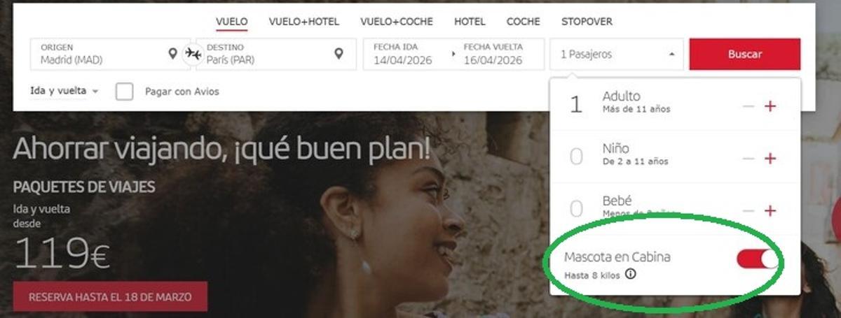 La opción de 'Mascota en cabina' para la reserva online de Iberia.