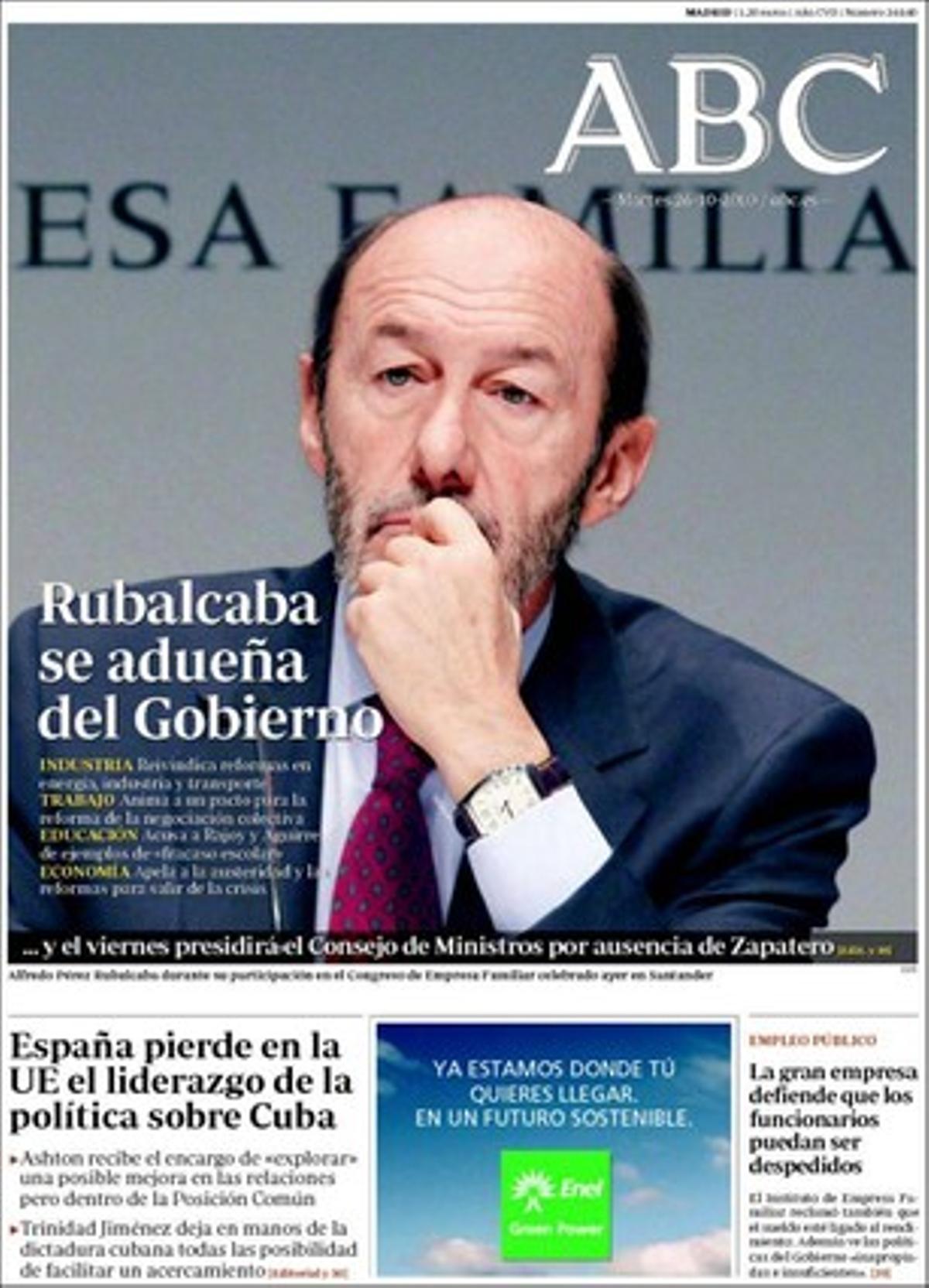 A dins, ’Abc’ dóna rellevància al fet que el PP planteja una retallada de 750 milions alternativa a la tisorada --entre ells de 200 milions dels crèdits FAD i 200 més de RTVE--. També destaca que Batasuna busca auxili a Catalunya, que el PP dóna per trencat el pacte antitransfuguisme, que Brussel·les investiga les quotes de la llei catalana del cine, que el Front Polisario recorre a l’ONU pel nen sahrauí mort a Aaiun mentre Mohammad VI rep l’enviat de les Nacions Unides per al Sàhara, Christopher Ross, i que Esperanza Aguirre sospita que Elena Salgado cisa a Madrid en els avançaments de l’IVA.