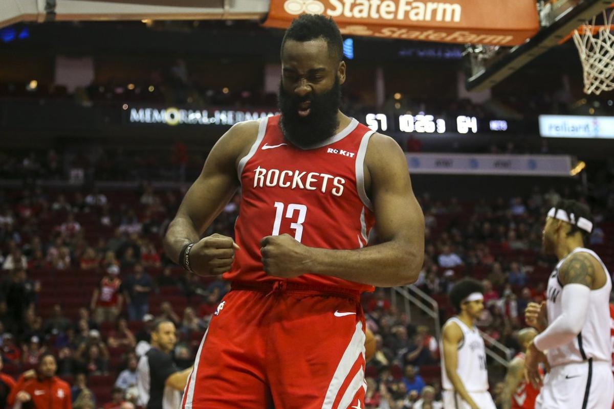 Jan 16, 2019; Houston, TX, USA; Houston Rockets guard James Harden (13) flexes after scoring on a layup during the third quarter against the Brooklyn Nets at Toyota Center. Mandatory Credit: John Glaser-USA TODAY Sports