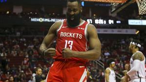 Jan 16, 2019; Houston, TX, USA; Houston Rockets guard James Harden (13) flexes after scoring on a layup during the third quarter against the Brooklyn Nets at Toyota Center. Mandatory Credit: John Glaser-USA TODAY Sports