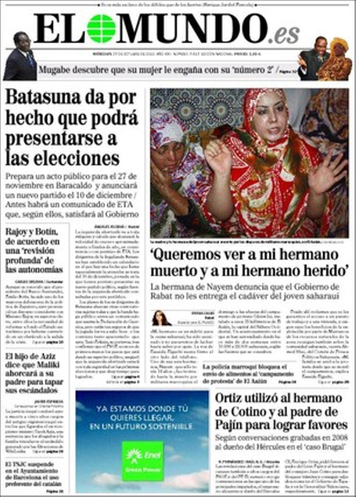 ’El Mundo’ també destaca a dins que el PP ha decidit concentrar tots els seus atacs en el vicepresident Alfredo Pérez Rubalcaba; que el número dos del PSOE andalús, Rafael Velasco, dimiteix i renuncia com a diputat després de saber-se que l’empresa de la seva dona, AulaenCinco, va rebre 730.000 euros de la Junta andalusa en quatre anys, fet que obre una crisi en el partit; que la Federació d’Associacions de Veïns de Barcelona rebutja la visita del Papa per costosa; que Endesa i REE han d’indemnitzar per l’apagada del 2007 a Barcelona; que bancs i caixes espanyols necessiten 35.000 milions més per atendre les exigències de Basilea III, i que un jutge argentí investiga presumptes suborns per la compra de trens a Renfe.