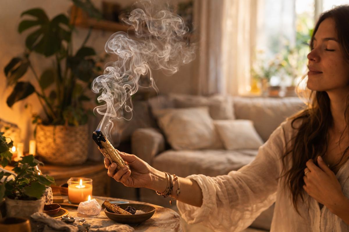 Recreación de una mujer quemando madera de «Palo santo» en una vivienda.