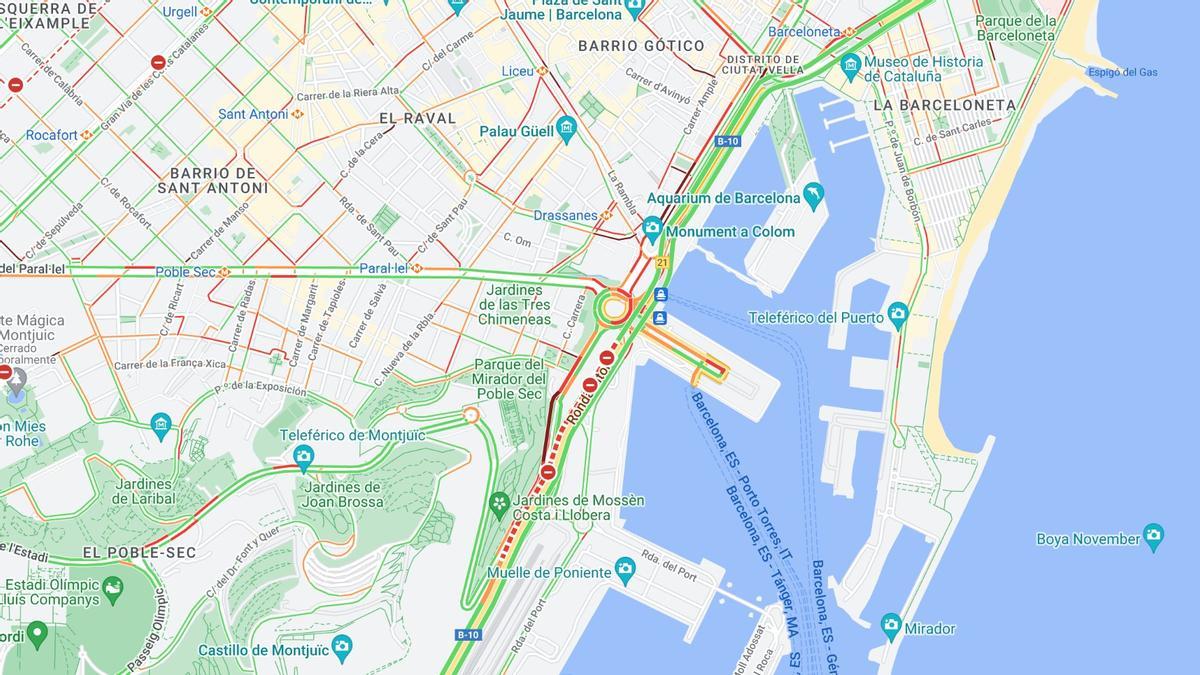 La Ronda Litoral cortada este miércoles en sentido Llobregat a la altura de Montjuïc.
