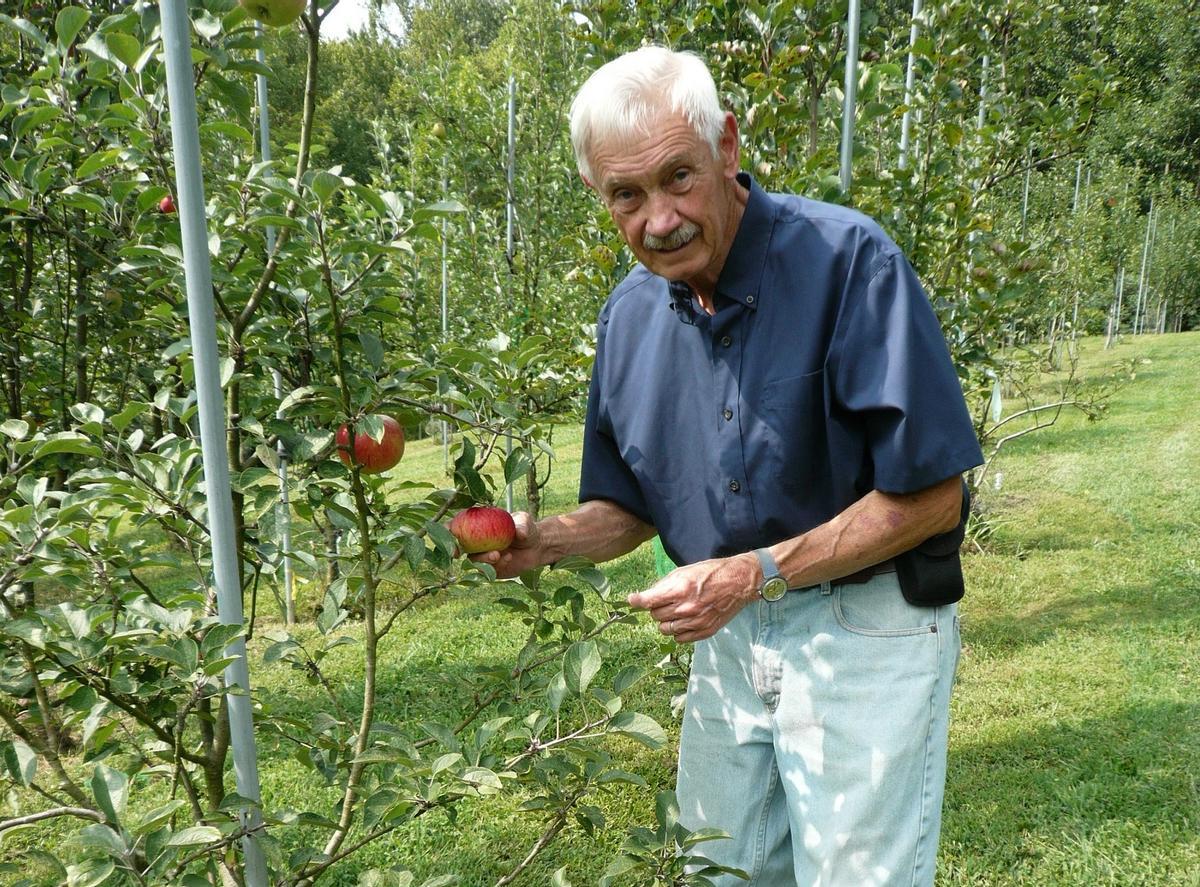 Tom Brown, con uno de sus manzanos