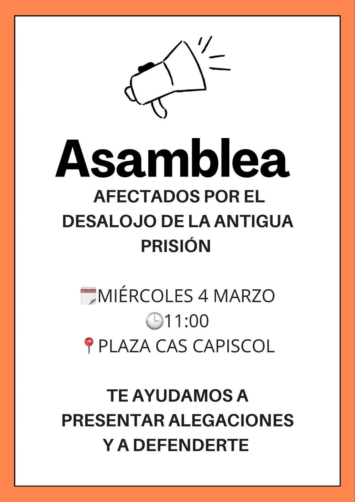 Cartel de la PAH anunciando la asamblea para asesorar a los afectados.