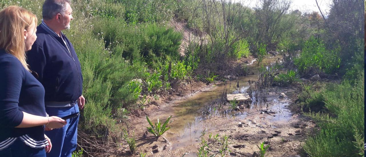 El edil popular Ángel Meca y una 
vecina del lugar en el canal de
evacuación de la Rambla de Biznaga, 
que tiene agua estancada y 
abundante vegetación.  L.O.