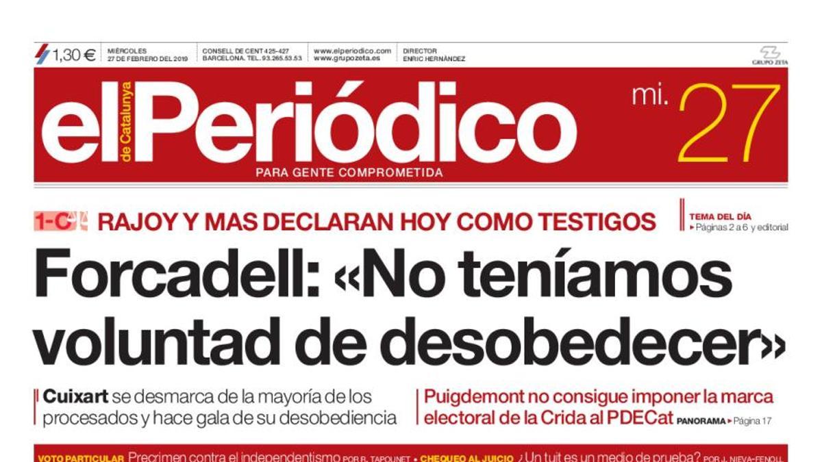 La portada de EL PERIÓDICO del 27 de febrero del 2019