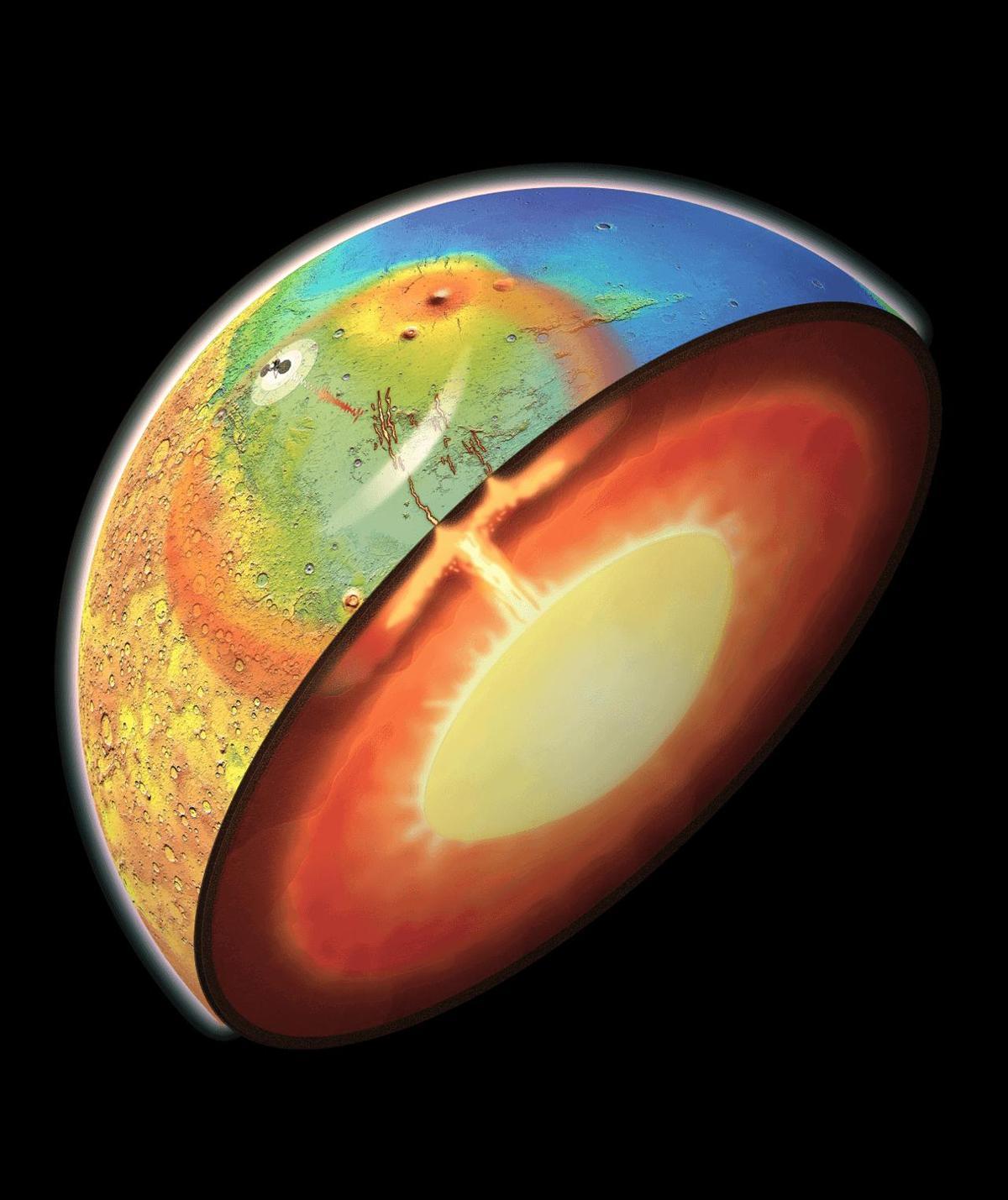 Impresión artística de una pluma del manto activa que surge de las profundidades de Marte y empuja hacia Elysium Planitia, una llanura del norte del planeta.