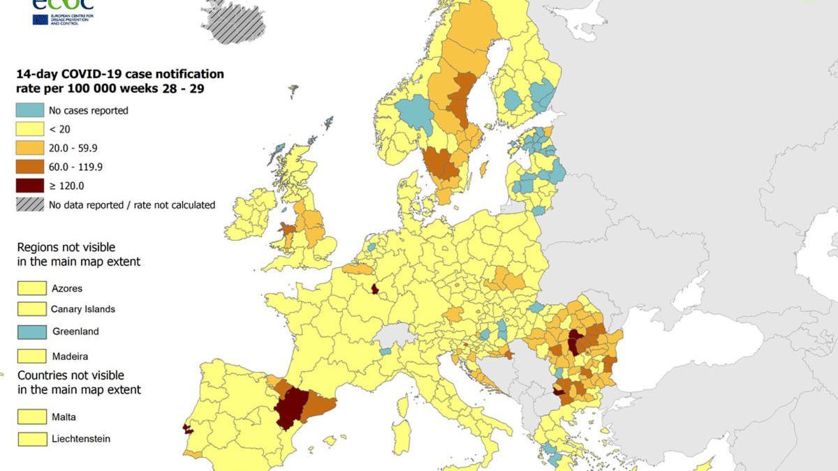 Mapa per regions de nous casos cada 100.000 habitants els últims 14 dies |